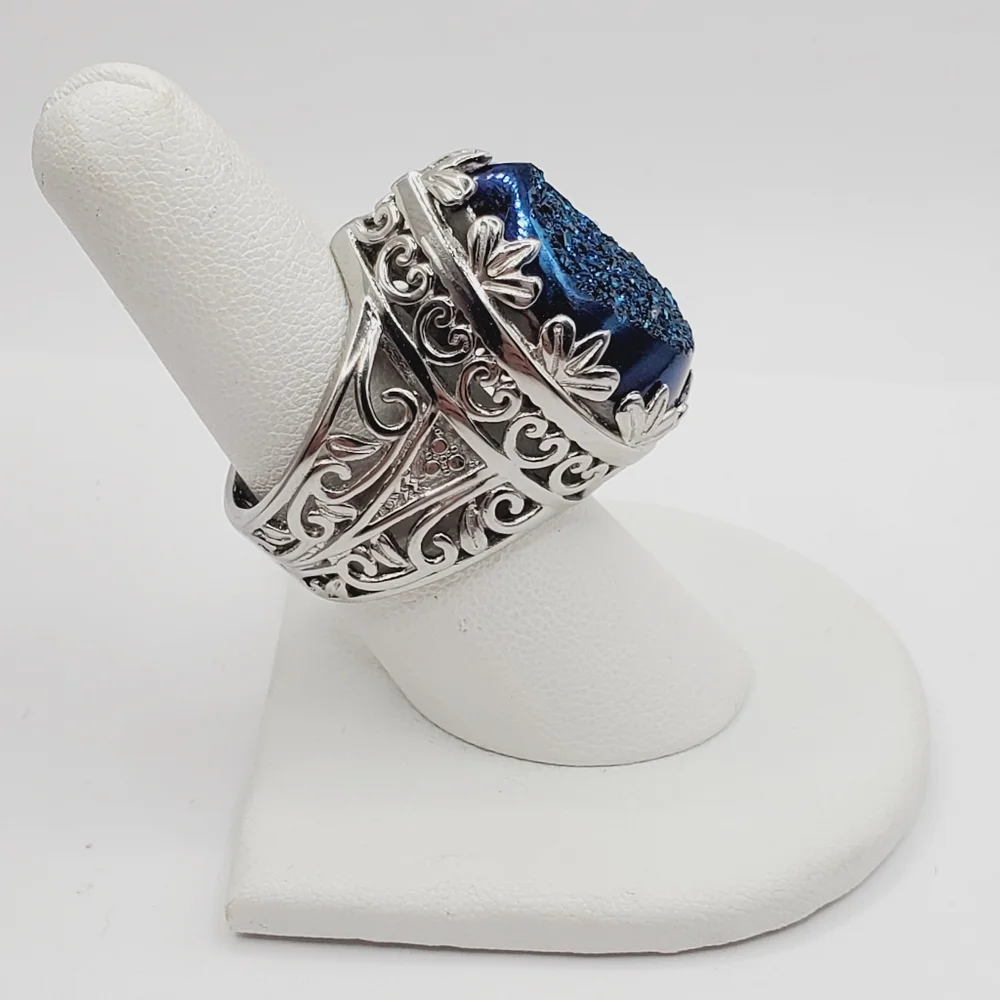 Pear Shaped Blue Druzy Scroll Design Statement Ring